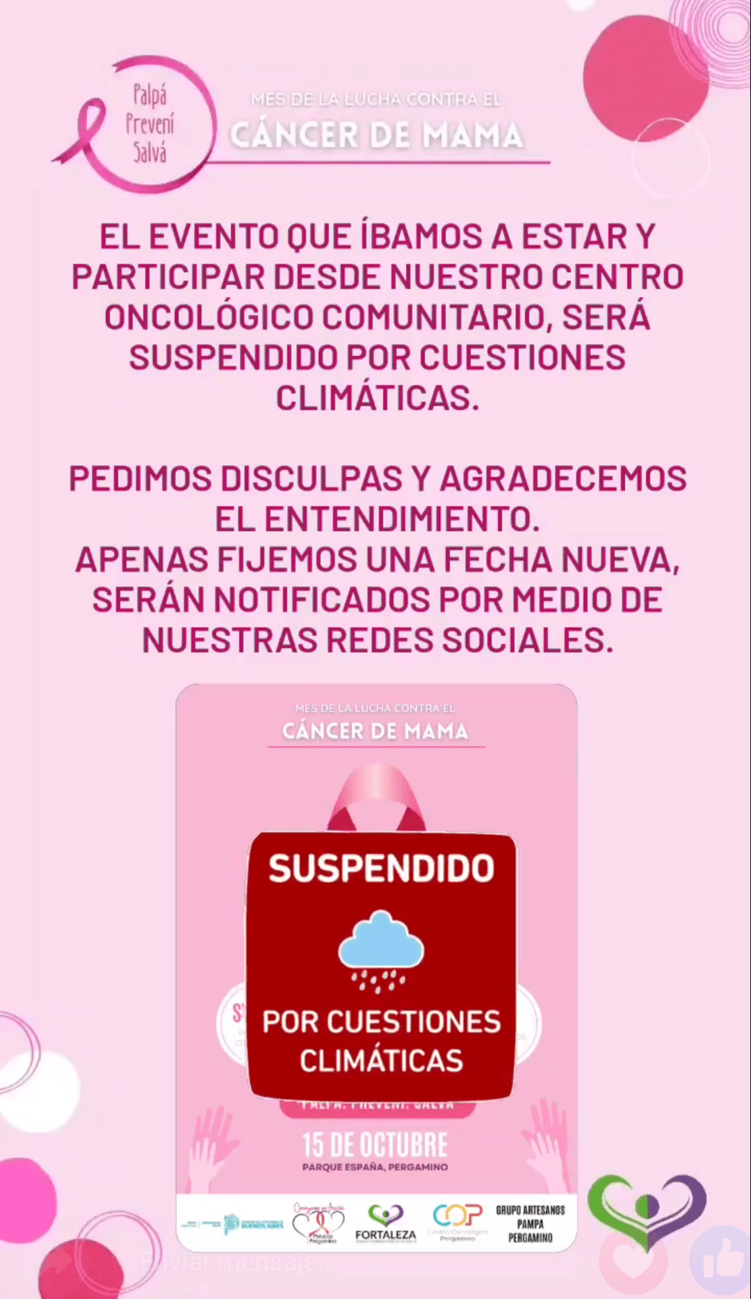 Por el clima: Se suspendieron las actividades por el mes de lucha contra el Cáncer de Mama en Parque España 1
